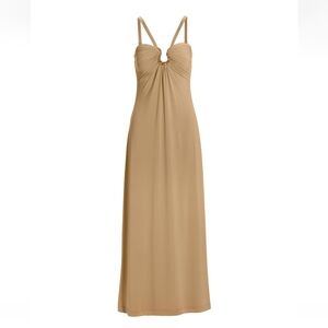 Boston Proper Tan Maxi Slip Dress with Ruched Keyhole Bust